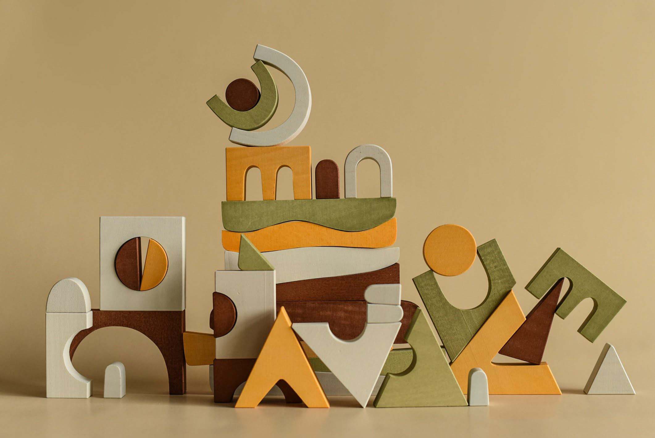 Handmade wooden puzzle consisting of 37 blocks
